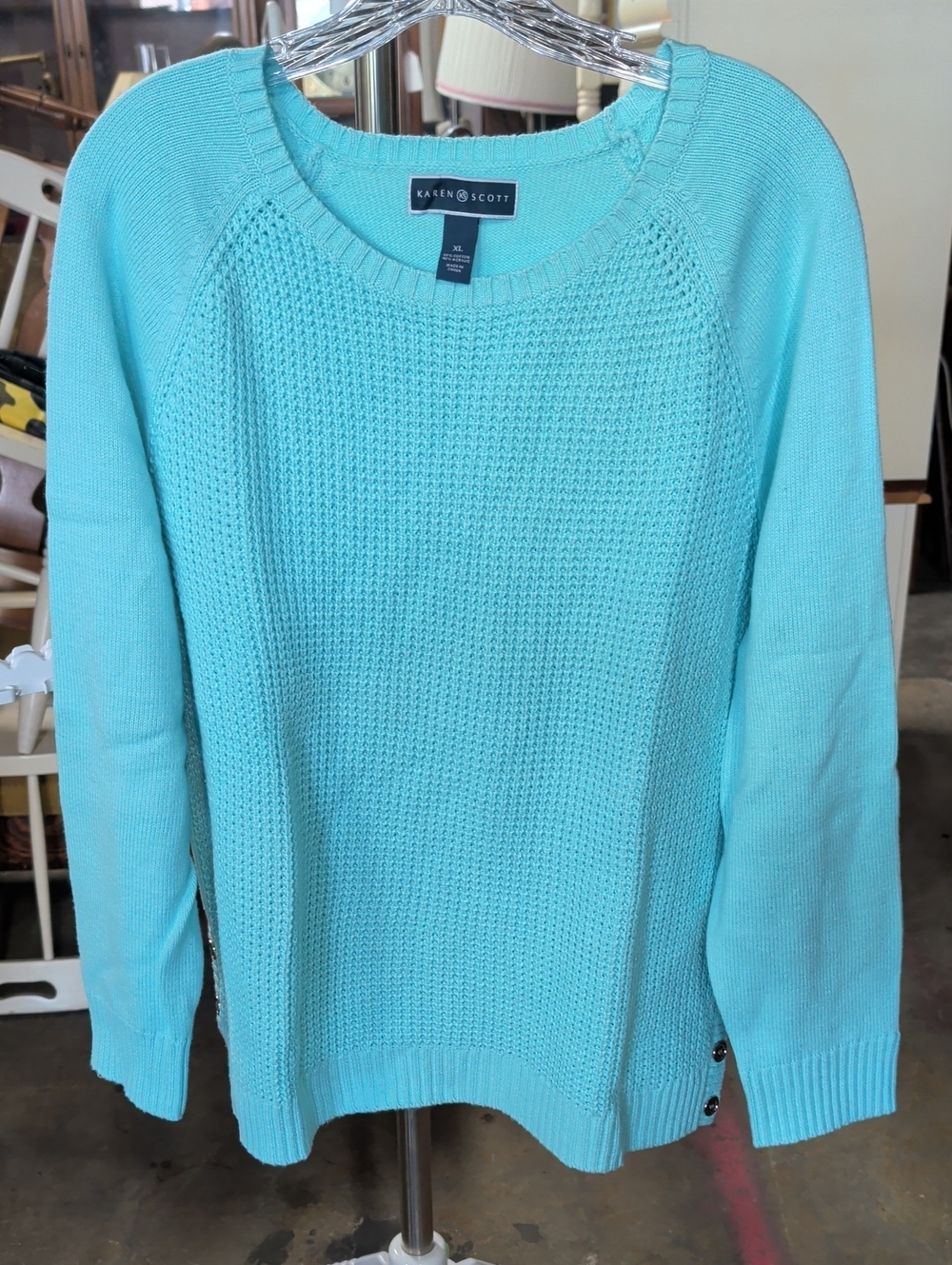 Karen Scott Aqua Knit Crewneck Sweater with Buttoned Sides